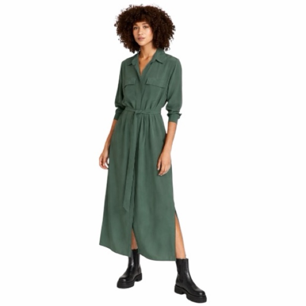 L'AGENCE Cameron Long Silk Dress In Deep Green Without Belt Sz XS Oversized Fit